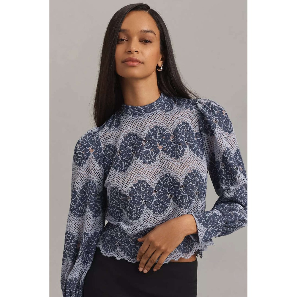 Dolan Anthropologie Left Coast Mock-Neck Lace Blouse Size L Blue Puff Sleeve NWT